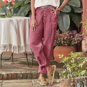 Sundance Oceane Pink Punch Linen Button Fly Boho Ankle Pants Size 14